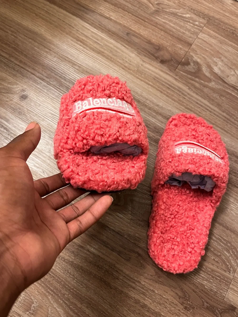 Balenciaga Red Shearling Slide Sandals